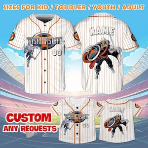 May include: White baseball jerseys with orange pinstripes and the text "TASKMASTER" and "00". The jerseys feature a cartoon character graphic on the front and back, with the word "NAME" on the back. The text "CUSTOM ANY REQUESTS" is also visible.