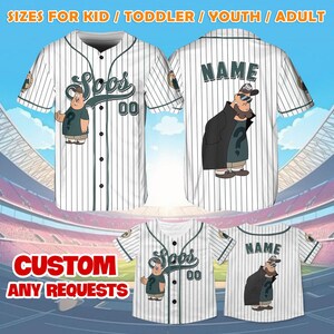 May include: White and green pinstripe baseball jerseys with cartoon character graphics. The jerseys have the name "Soos" and the number "00" on the front. The back of the jerseys have the name "NAME" and a cartoon character graphic. The text "SIZES FOR KID / TODDLER / YOUTH / ADULT" is at the top.