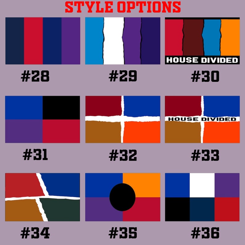 May include: A set of 10 different color palettes, each with a unique combination of colors. The palettes are numbered 28 through 36. The text "HOUSE DIVIDED" appears on two of the palettes.