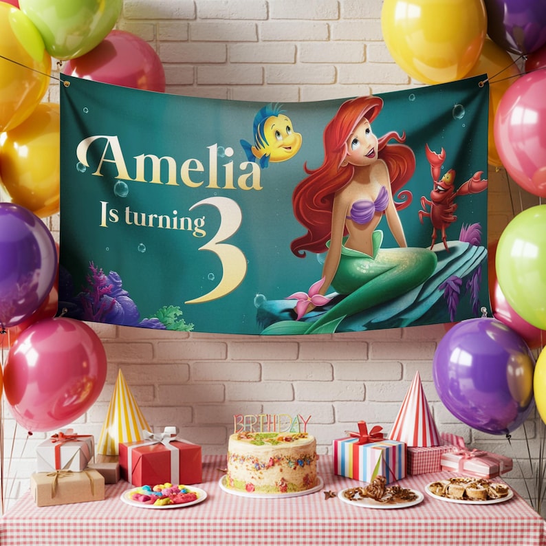 May include: A birthday party scene with a banner featuring a mermaid and the text "Amelia Is turning 3." Balloons in various colors surround the scene. A table is set with gifts, a cake, and party hats.
