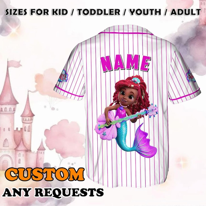 May include: White baseball jersey with vertical purple pinstripes. The back features a cartoon mermaid playing a guitar, with the word "NAME" above. The text "CUSTOM ANY REQUESTS" is at the bottom, and "SIZES FOR KID / TODDLER / YOUTH / ADULT" is at the top.