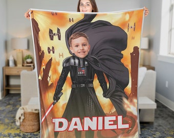Manta personalizada de Darth Vader de Star Wars, con cara y nombre personalizados, para cumpleaños infantil, regalo de Disney.