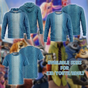 May include: A collection of blue apparel featuring a repeating scale pattern and a light blue central stripe. The set includes a hooded sweatshirt, a crewneck sweatshirt, and a short-sleeve t-shirt, all displaying the text AVAILABLE SIZES FOR KID/YOUTH/ADULT.
