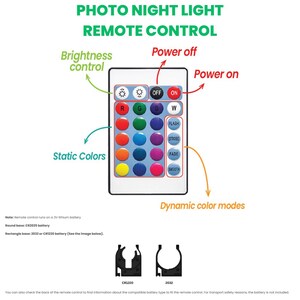 May include: A white remote control for a photo night light, with buttons for power, brightness, and color selection. The remote features static color options and dynamic color modes. Text on the remote includes "Power on," "Power off," and "Brightness control."