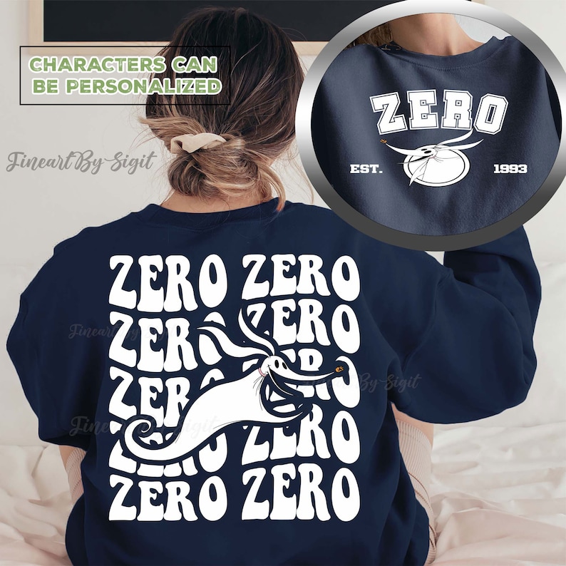 Puede incluir: Una sudadera azul marino con un gr&aacute;fico blanco de Zero, el perro fantasma de Pesadilla antes de Navidad, volando con un cigarrillo encendido. El texto "ZERO ZERO ZERO ZERO ZERO ZERO" est&aacute; impreso en blanco en la parte posterior de la sudadera.