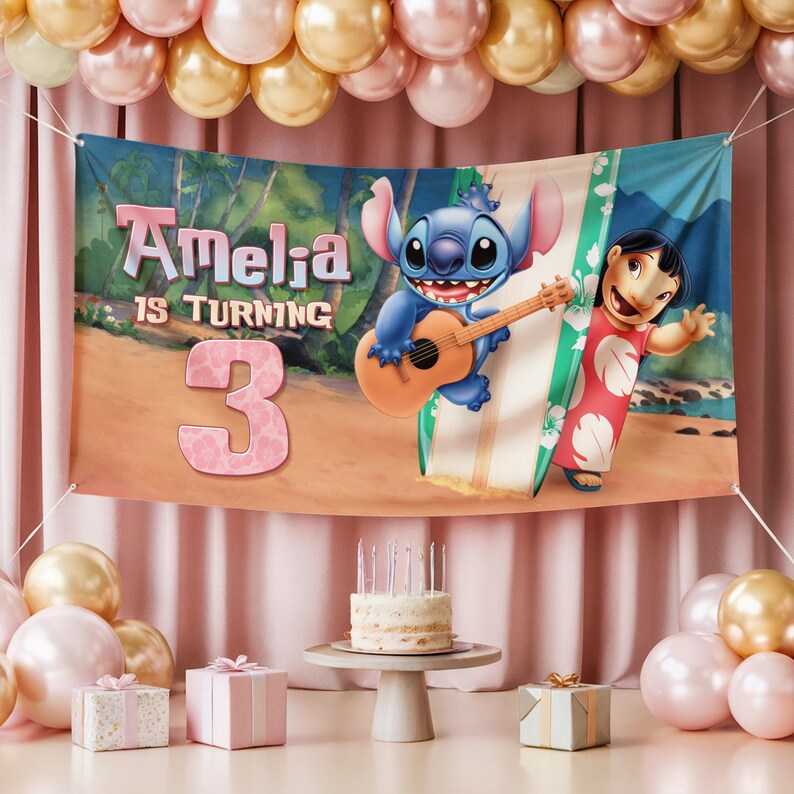 May include: A birthday banner with Stitch and Lilo from the animated film. The banner says "Amelia is turning 3" against a tropical beach backdrop. The scene includes a guitar, surfboard, and a cake with candles.