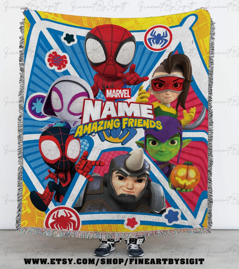 May include: A Marvel Amazing Friends throw blanket featuring Spider-Man, Spider-Gwen, and other characters. The blanket has a colorful design with a blue, yellow, and white background. The blanket is fringed on the edges.