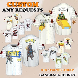 May include: Baseball jerseys with custom designs, featuring various superhero characters. The jerseys are white with blue pinstripes and include character names and numbers. The image also displays the text "CUSTOM ANY REQUESTS" and "KID / YOUTH / ADULT BASEBALL JERSEY."