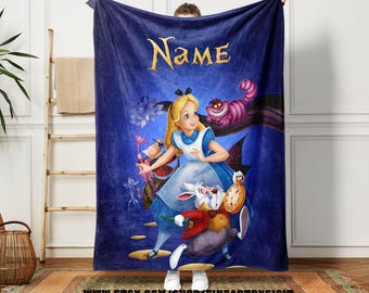 Personalized Alice in Wonderland Blanket, Disney White Rabbit Baby Blanket, Disney Alice Blanket Gift, Disney Kid Name Custom Throw