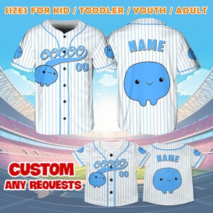 May include: White baseball jerseys with blue pinstripes and cartoon jellyfish graphics. The jerseys have the text "NAME" and "00" on the back and front. The text "SIZES FOR KID / TODDLER / YOUTH / ADULT" and "CUSTOM ANY REQUESTS" are also visible.
