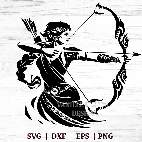 Greek Goddess Artemis Svg | Ancient Greece Archer Cut File | Nature Goddess Of The Hunt Stencil | Artemis With Bow And Arrow Silhouette Png