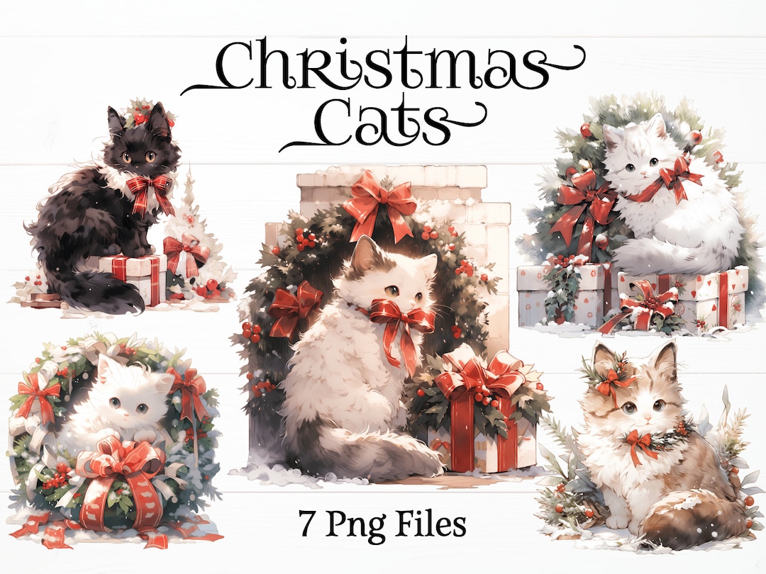 Cute Christmas Cats Clipart Bundle 7 Watercolor Winter Etsy