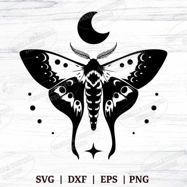 Mystical Moon Moth SVG File | Boho Celestial Moth Vector Eps Dxf Png | Magic Witchy Svg Cut File | Luna Moth With Moon And Stars