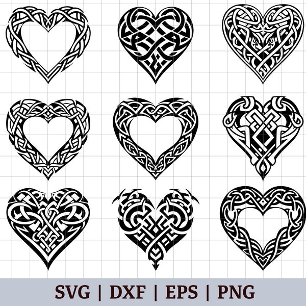 Celtic Heart SVG Bundle | Set of 9 Heart Designs With Celtic Knot Patterns | Black And White PNG Files