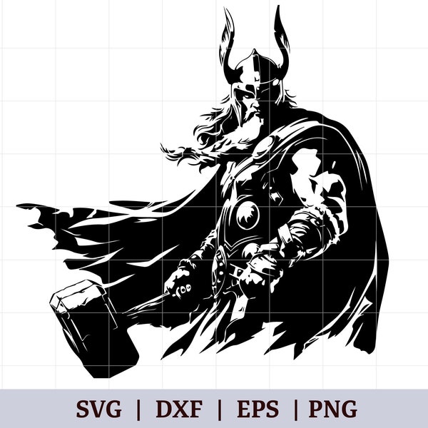 Thor SVG | Nordische Mythologie Schnittdatei | Wikinger geschnitten Datei | Nordischer Gott Thor hält Hammer Svg Eps Dxf Png