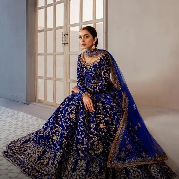 Designer Special Blue Velvet Lehenga Choli For Women Indian Wedding Function Wear Ghagra Choli Traditional Party Wear Ready To Wear Choli.