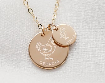 Personalized Mama Hen & Baby Chicks Necklace - 14K Gold Filled - New Mom Gift, Mother's Day, Kids Name, Engraved, Backyard Chickens Gift