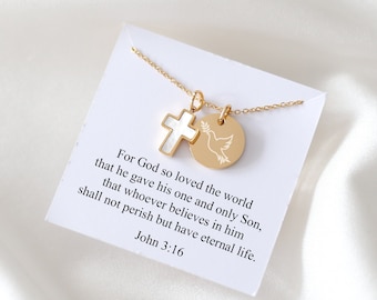Collier croix en nacre - Idée cadeau chrétien personnalisé, cadeau pour elle, collier disque gravé, Jean 316, verset de la Bible, cadeau personnalisé