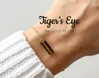 Oeil de tigre - Bracelet en cristal rempli d'or 14 carats, puissance et force, encouragement, délicat bracelet tube de pierres précieuses fait main, bracelets de guérison