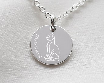 Collar de gato grabado - Regalo de amante de los gatos, Línea artística de gatos, Collar de disco de gato personalizado, Encanto de gato, Nombre de gato, Regalos de mamá de gato, Joyería de gato