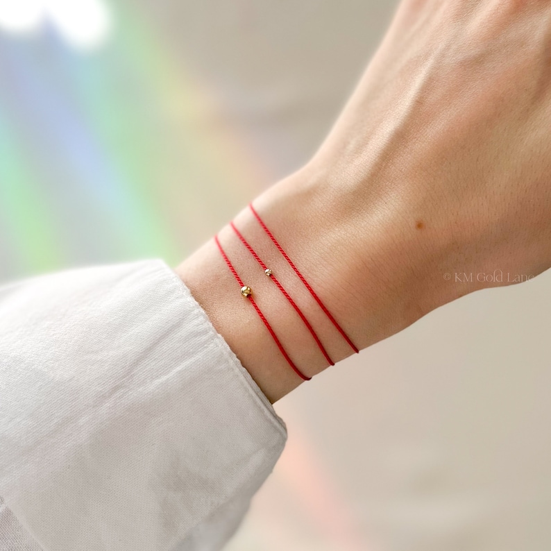 Bracelet ficelle rouge, jeu d'empilage, or 14 carats, bracelet rouge pour la protection de la chance, bracelet cordon de soie rouge pour la kabbale, ficelle rouge du destin image 8