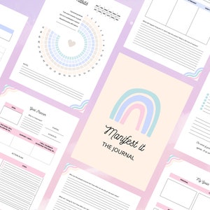 Pode incluir: Um di&aacute;rio imprim&iacute;vel com um design de arco-&iacute;ris e o texto "Manifest it THE JOURNAL". O di&aacute;rio inclui p&aacute;ginas para o di&aacute;rio di&aacute;rio, o estabelecimento de objetivos e o acompanhamento de h&aacute;bitos.