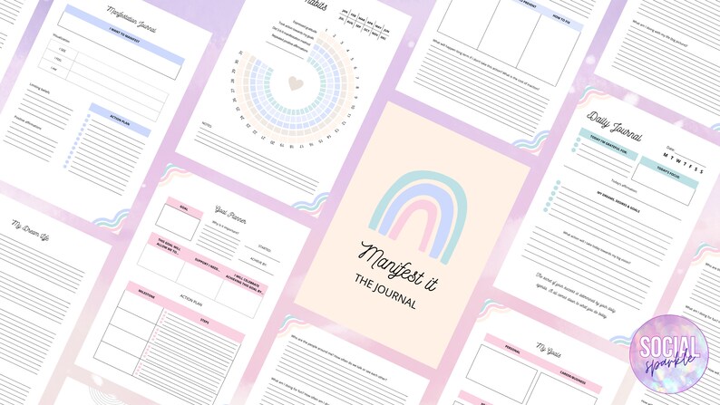 Pode incluir: Um di&aacute;rio imprim&iacute;vel com um design de arco-&iacute;ris e o texto "Manifest it THE JOURNAL". O di&aacute;rio inclui p&aacute;ginas para o di&aacute;rio di&aacute;rio, o estabelecimento de objetivos e o acompanhamento de h&aacute;bitos.