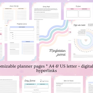 Pode incluir: Um planejador digital com 23 p&aacute;ginas personaliz&aacute;veis que apresenta um esquema de cores pastel com acentos rosa, azul e amarelo. O planejador inclui p&aacute;ginas para definir objetivos, manter um di&aacute;rio di&aacute;rio e um di&aacute;rio de manifesta&ccedil;&atilde;o. O texto "Manifestation Journal" aparece na capa.
