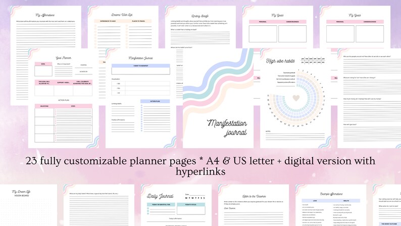 Pode incluir: Um planejador digital com 23 p&aacute;ginas personaliz&aacute;veis que apresenta um esquema de cores pastel com acentos rosa, azul e amarelo. O planejador inclui p&aacute;ginas para definir objetivos, manter um di&aacute;rio di&aacute;rio e um di&aacute;rio de manifesta&ccedil;&atilde;o. O texto "Manifestation Journal" aparece na capa.