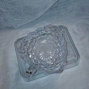 Fostoria American , Triangular 3 corner Handled Nappy , Nut Dish  Candy Dish , Clear Cubist Pattern , Elegant pressed Glass , Retro  ncc