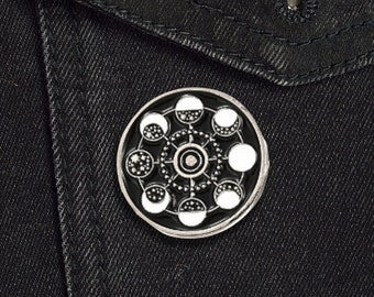 Moon Phases Circular Hard Enamel Pin | Cute Halloween Gift | Black Celestial Lunar Brooch Perfect for Backpacks, Clothes, Bags, Display