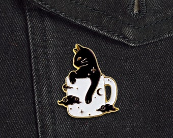 Cute Witchy Black Cat in a Cup Enamel Pin | Cat Lover | Adorable Magical Feline Brooch | Whimsical Kitty Gift for Backpacks, Clothes, Bags