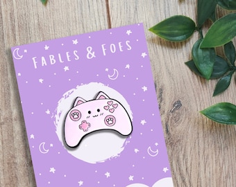 Cute Pink and White Kawaii Gamer Girl Cat Controller Enamel Pin | Kitty Style Girly Gaming Badge | Fun Gift for Her & Gaming Enthusiasts