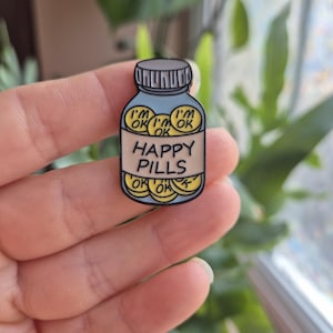Happy Pills Hard Enamel Pin | Funny Relatable Mental Health Brooch | Depression, Anxiety Pin for Bags, Jackets, Lanyards | Stocking Filler