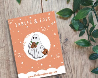 Cute Trick or Treating Ghost Hard Enamel Pin | Ghost with Pumpkin | Adorable Ghoul with Bouquet Magical Brooch for Backpacks, Clothes, Bags