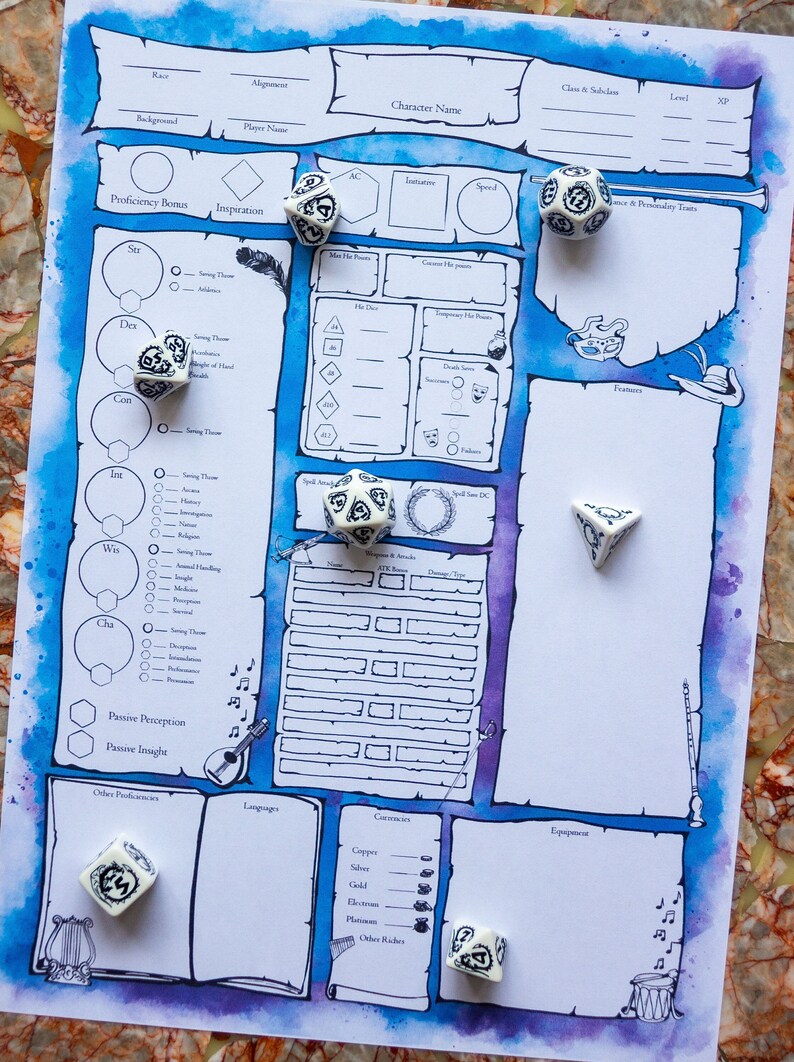 Dnd 5e Character Sheet Bard Themed Custom Printable Ttrpg - Etsy Israel
