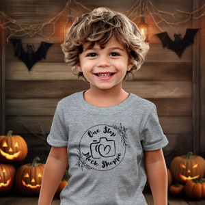 Kids T-Shirt Lifestyle Mockup Athletic Heather Bella+Canvas 3001T Autumn Boy Toddler Model Crewneck Halloween Fall Jack-o-lantern Backdrop
