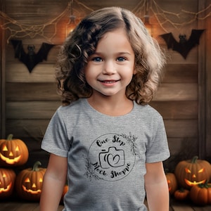 Kids T-Shirt Lifestyle Mockup Athletic Heather Bella+Canvas 3001T Autumn Girl Toddler Model Crewneck Halloween Fall Jack-o-lantern Backdrop