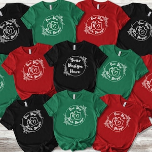 Bella Canvas Mockup Group Shirts Flat Lay 12 BC3001 Christmas Family Matching Mocks Winter Holiday Colors Red, Black, Kelly