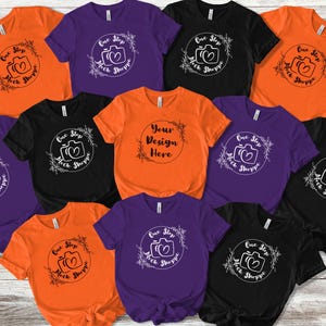 Bella Canvas Mockup Group Shirts Flat Lay 12 BC3001 Halloween Family Autumn Colors Black, Orange, Team Purple