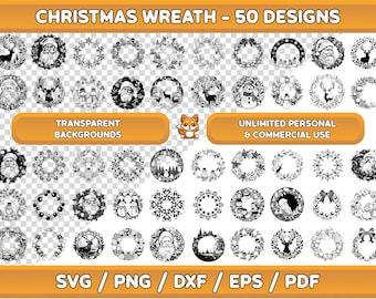 May include: A set of 50 black and white Christmas wreath designs with transparent backgrounds. The designs include wreaths with snowflakes, reindeer, Santa Claus, and other festive elements.  "CHRISTMAS WREATH - 50 DESIGNS", "TRANSPARENT BACKGROUNDS", "UNLIMITED PERSONAL & COMMERCIAL USE", "SVG/PNG/DXF/EPS/PDF" are written on the image.