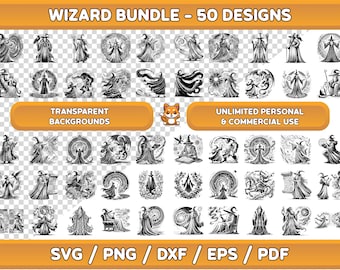May include: A set of 50 black and white wizard illustrations with transparent backgrounds. The illustrations feature wizards casting spells, holding staffs, and wearing robes. The text "WIZARD BUNDLE - 50 DESIGNS", "TRANSPARENT BACKGROUNDS", and "UNLIMITED PERSONAL & COMMERCIAL USE" is included in the image. The text "SVG/PNG/DXF/EPS/PDF" is also included in the image.