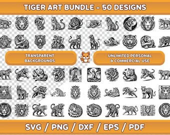 Paquete de arte de tigres: 50 diseños de vida silvestre (SVG, PNG, PDF)
