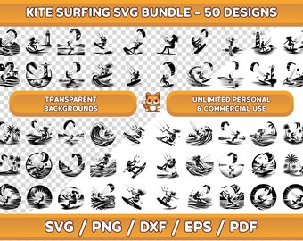 May include: A set of 50 black and white kite surfing SVG designs with transparent backgrounds. The designs feature a variety of kite surfers in different poses, with some designs including palm trees, waves, and a lighthouse. The text "KITE SURFING SVG BUNDLE - 50 DESIGNS" is at the top of the image. The text "TRANSPARENT BACKGROUNDS" is in a yellow box at the top of the image. The text "UNLIMITED PERSONAL & COMMERCIAL USE" is in a yellow box in the middle of the image. The text "SVG / PNG / DXF / EPS / PDF" is at the bottom of the image.