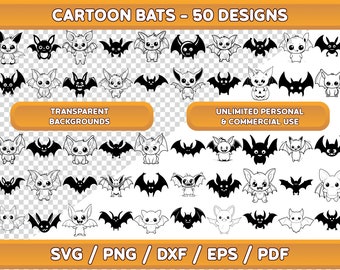 May include: A set of 50 cartoon bat illustrations in black and white. The bats are in various poses and expressions. The image includes the text "CARTOON BATS - 50 DESIGNS", "TRANSPARENT BACKGROUNDS", "UNLIMITED PERSONAL & COMMERCIAL USE", and "SVG/PNG/DXF/EPS/PDF".