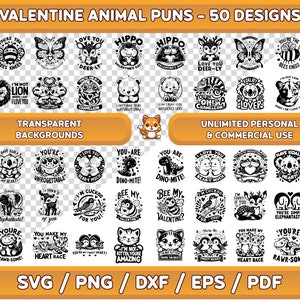 May include: A set of 50 Valentine's Day animal puns, featuring black and white illustrations of various animals with cute sayings. The designs are perfect for creating cards, stickers, or other crafts.