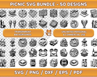 Paquete SVG de picnic: imágenes prediseñadas de verano, diseños de comida y camping (descarga digital)