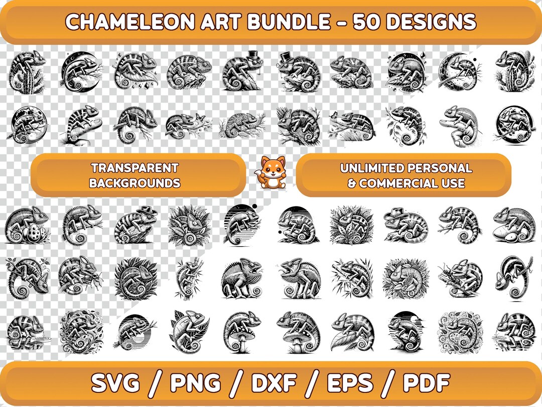 Chameleon SVG Clipart Bundle: 50 Exotic Animal Designs (digital ...
