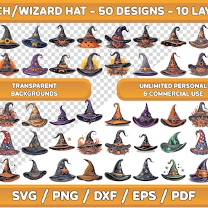 Paquete SVG en capas de sombrero de bruja/mago, paquete de sombrero de bruja svg, paquete de sombrero de mago, lindo espeluznante, sombrero mágico svg, sombrero de bruja png, clip art de sombrero de bruja