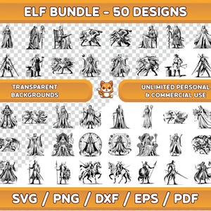 Puede incluir: Un conjunto de 50 ilustraciones en blanco y negro de elfos en varias poses. Las ilustraciones están sobre un fondo transparente y se pueden utilizar para proyectos personales y comerciales. El texto "ELF BUNDLE - 50 DESIGNS" está en la parte superior de la imagen. El texto "TRANSPARENT BACKGROUNDS" está en el medio de la imagen. El texto "UNLIMITED PERSONAL & COMMERCIAL USE" está en el medio de la imagen. El texto "SVG/PNG/DXF/EPS/PDF" está en la parte inferior de la imagen.